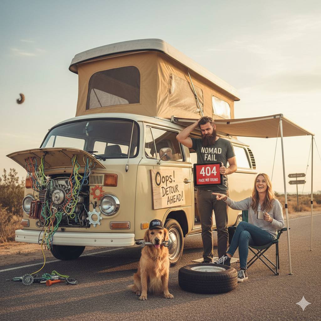 Kombi quebrada em uma estrada com um casal e um cão